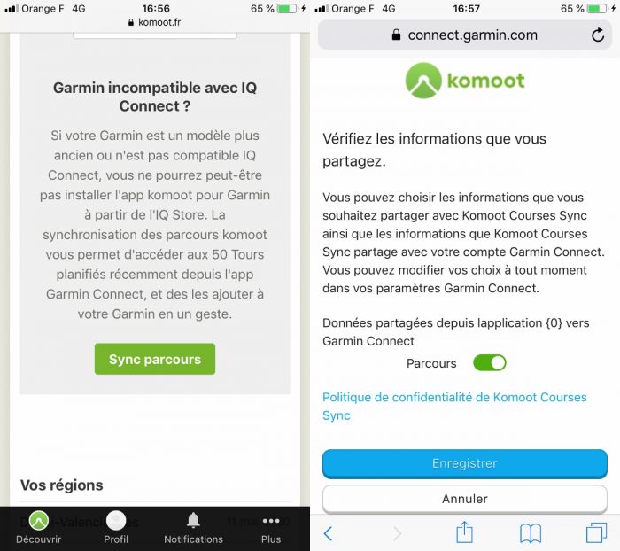 Synchro itinéraire Garmin Komoot